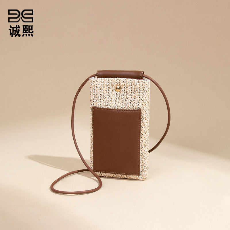 2025夏季新款拉菲草手机包清新百搭单肩斜挎包竖款时尚零钱袋小包