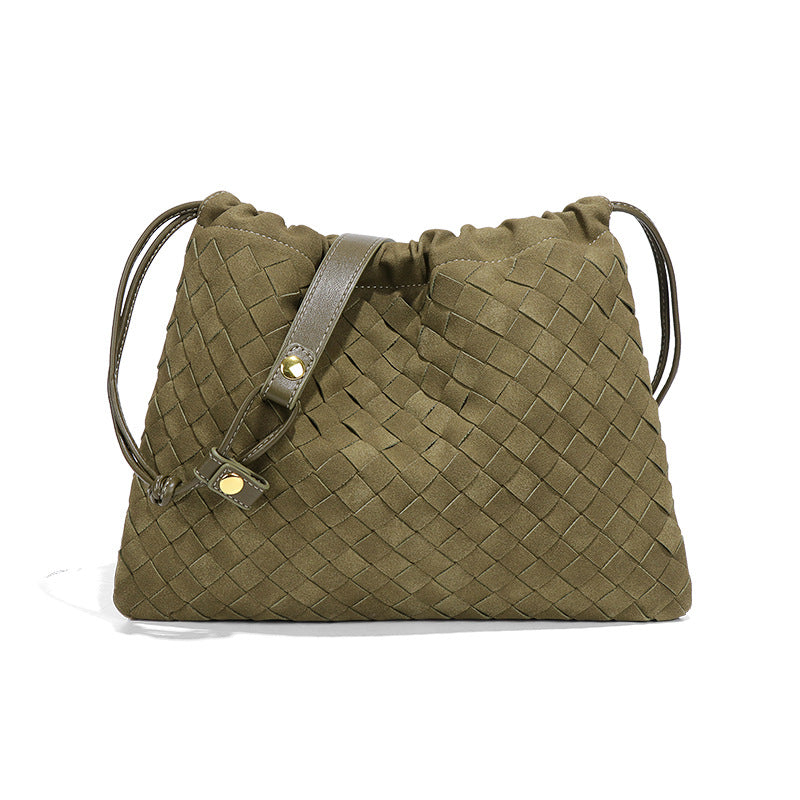 跨境爆款磨砂编织女包2025新款束口云朵包时尚小众单肩斜挎饺子包