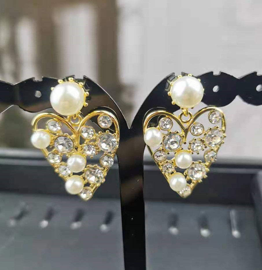 赛家耳环爱心镂空满钻珍珠珍珠水晶闪闪时尚气质欧美心形耳钉女