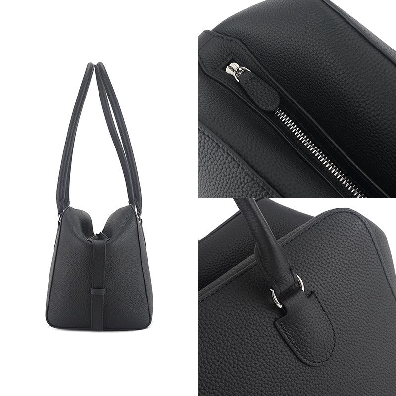 2025新款百搭头层牛皮大容量保龄球包真皮波士顿包手提单肩腋下包