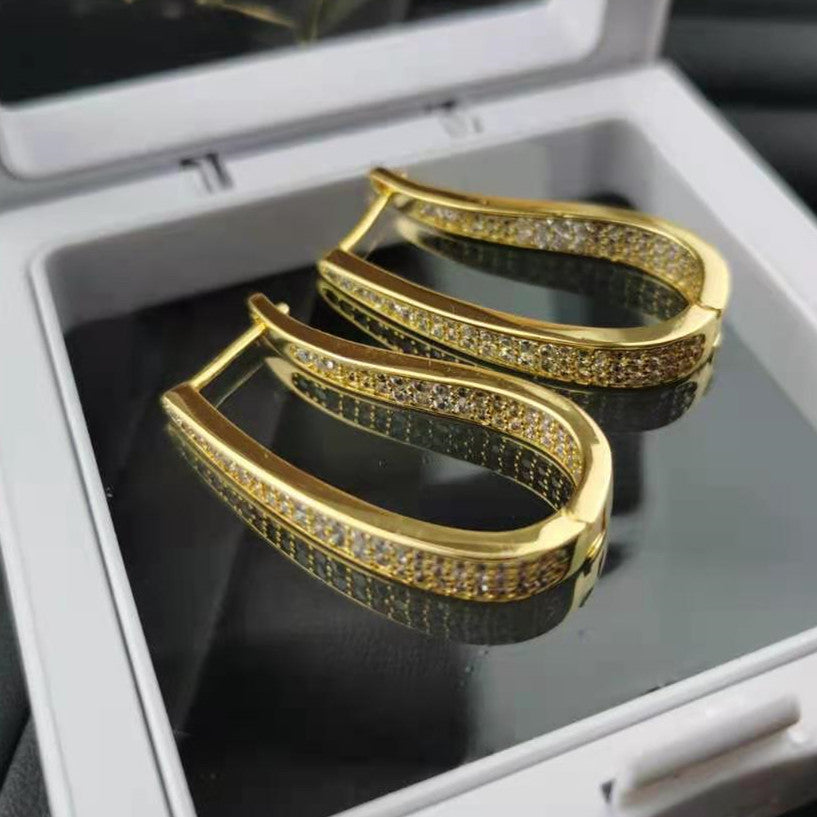 赛家新款耳扣金色满钻镶钻复古气质时尚港风耳饰不规则U形耳环