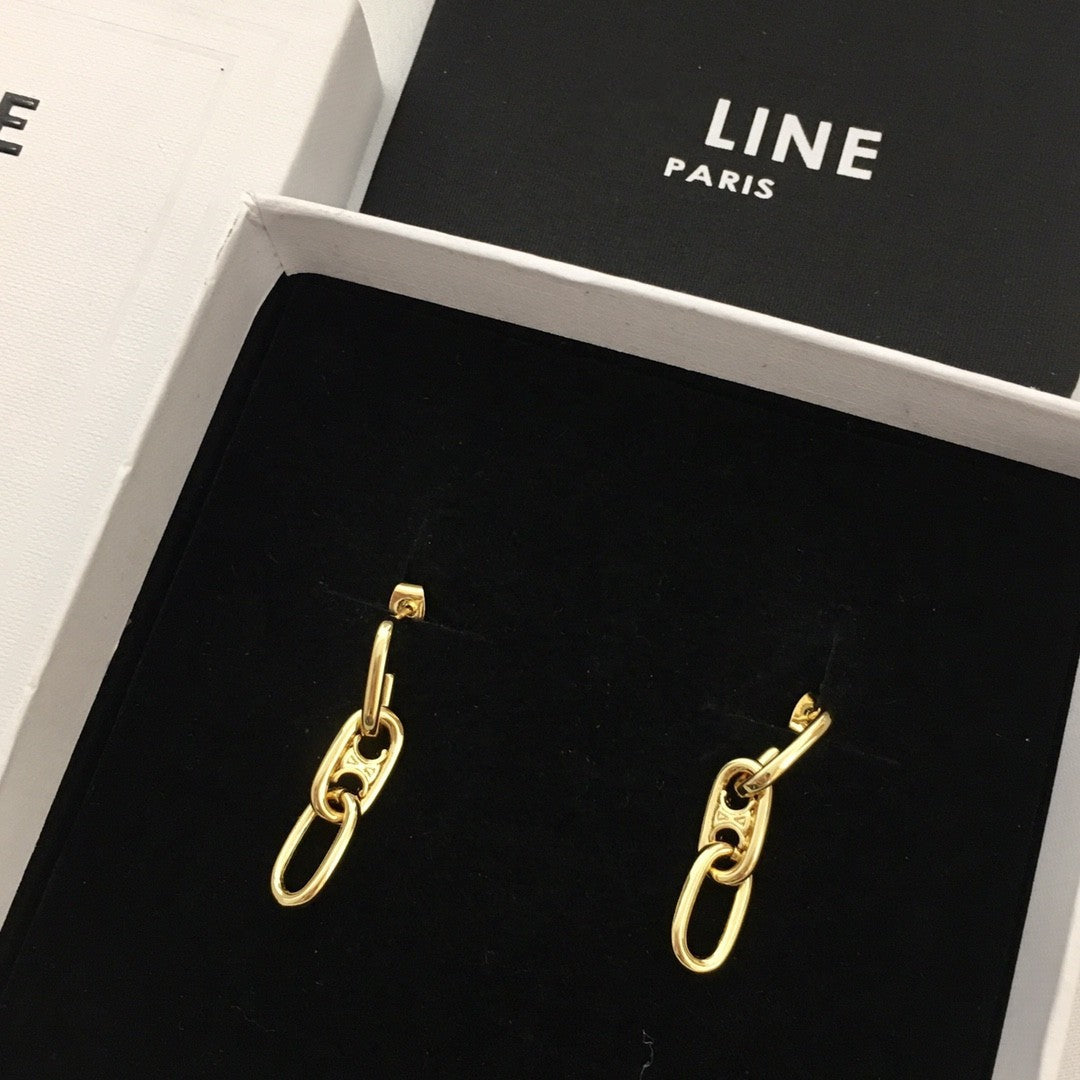 赛林家新款凯旋门双环耳钉女高级感个性气质黄铜镀金CE风耳环批发