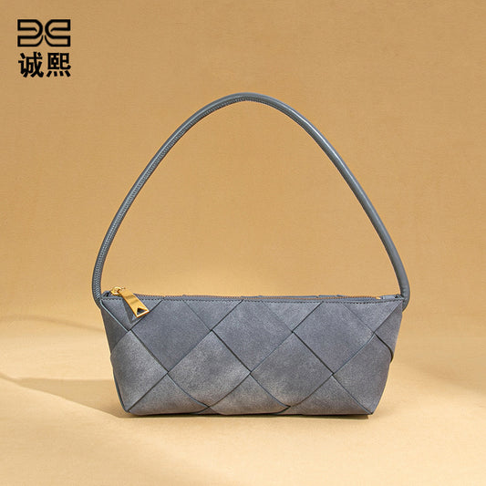 时尚小众设计单肩女包秋冬磨砂麂皮绒编织包包潮流复古手拎腋下包