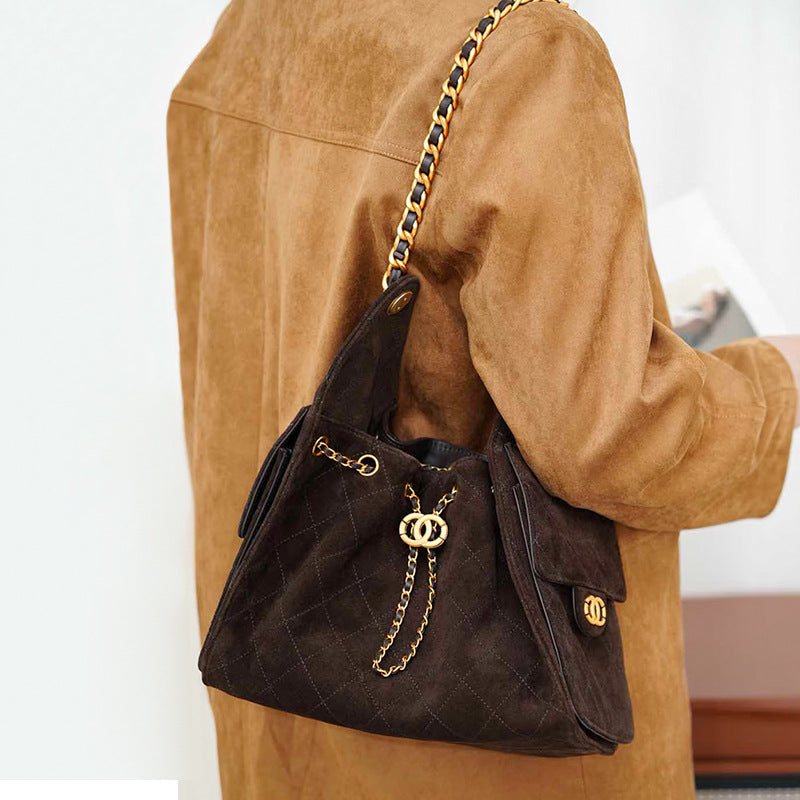 菱格托特包磨砂真皮小香风麂皮绒链条腋下包反绒皮单肩通勤包包女