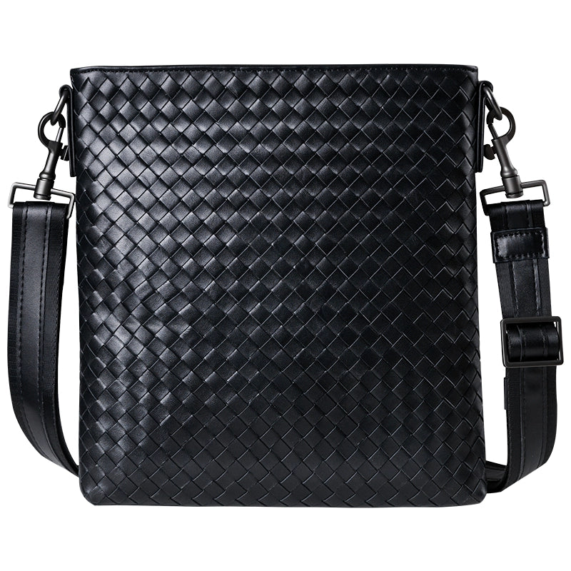 X&BV单肩包男真皮斜挎包竖款商务休闲时尚牛皮编织公文包男小背包