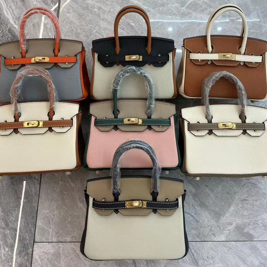 欧洲站真皮女包撞色铂金包荔枝纹头层牛皮手提包简约单肩斜挎包包