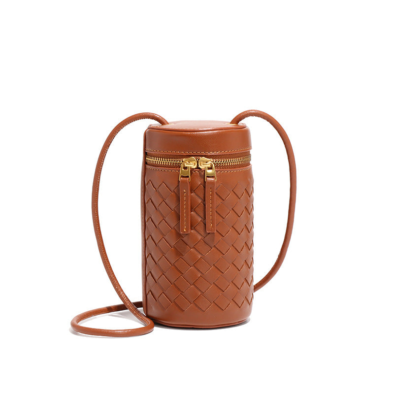 时尚简约纯色圆筒包新款百搭手工编织包包迷你可爱单肩斜挎手机包