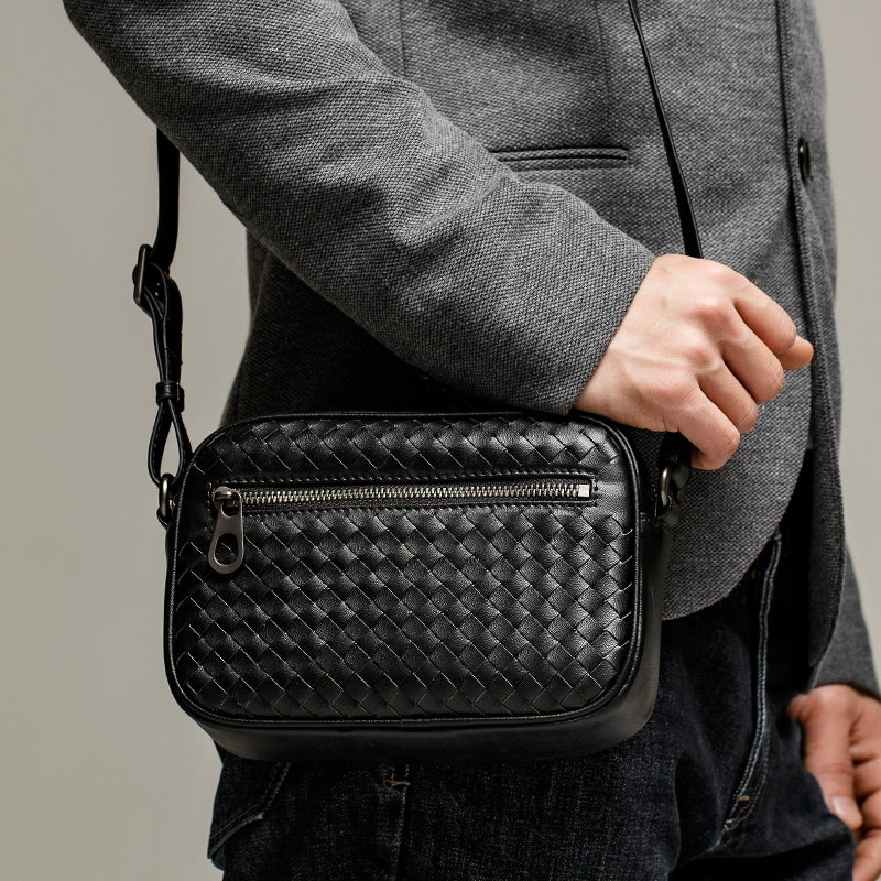 X&BV单肩包男真皮休闲编织男包横款牛皮时尚小背包男士斜挎包韩版
