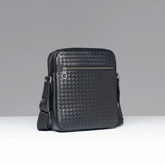 X&BV单肩包男真皮休闲时尚潮男小背包商务黑色编织平板男包斜挎包