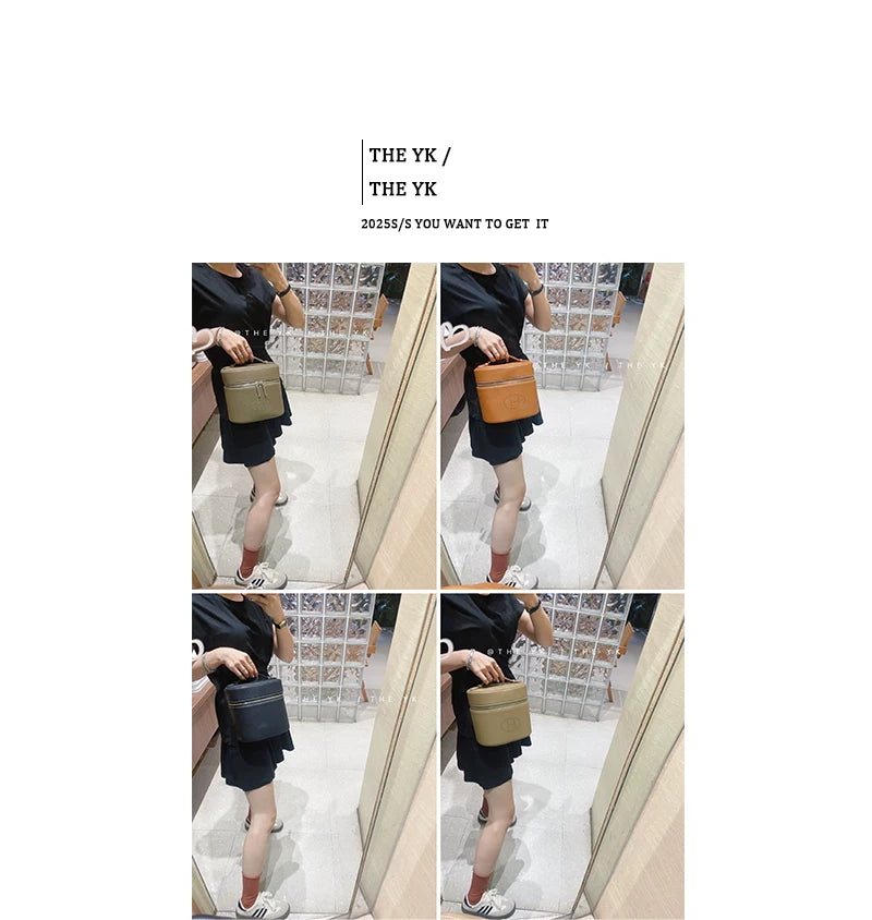 真皮h化妆包手拎水桶包大容量洗漱包护肤品收纳包单肩斜挎盒子包