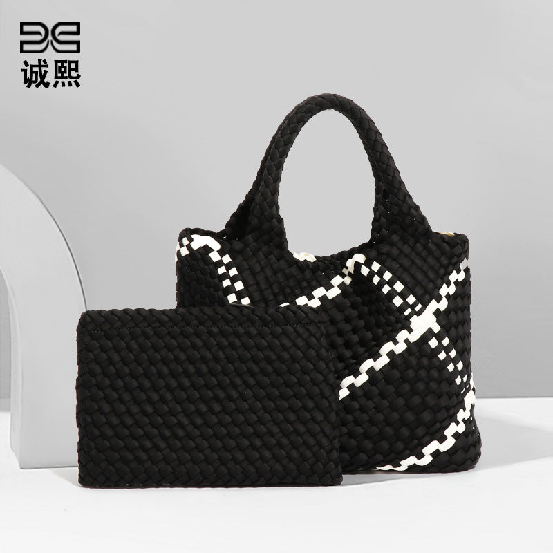 欧美复古手工编织大容量手提单肩包女士气质休闲百搭潮子母托特包