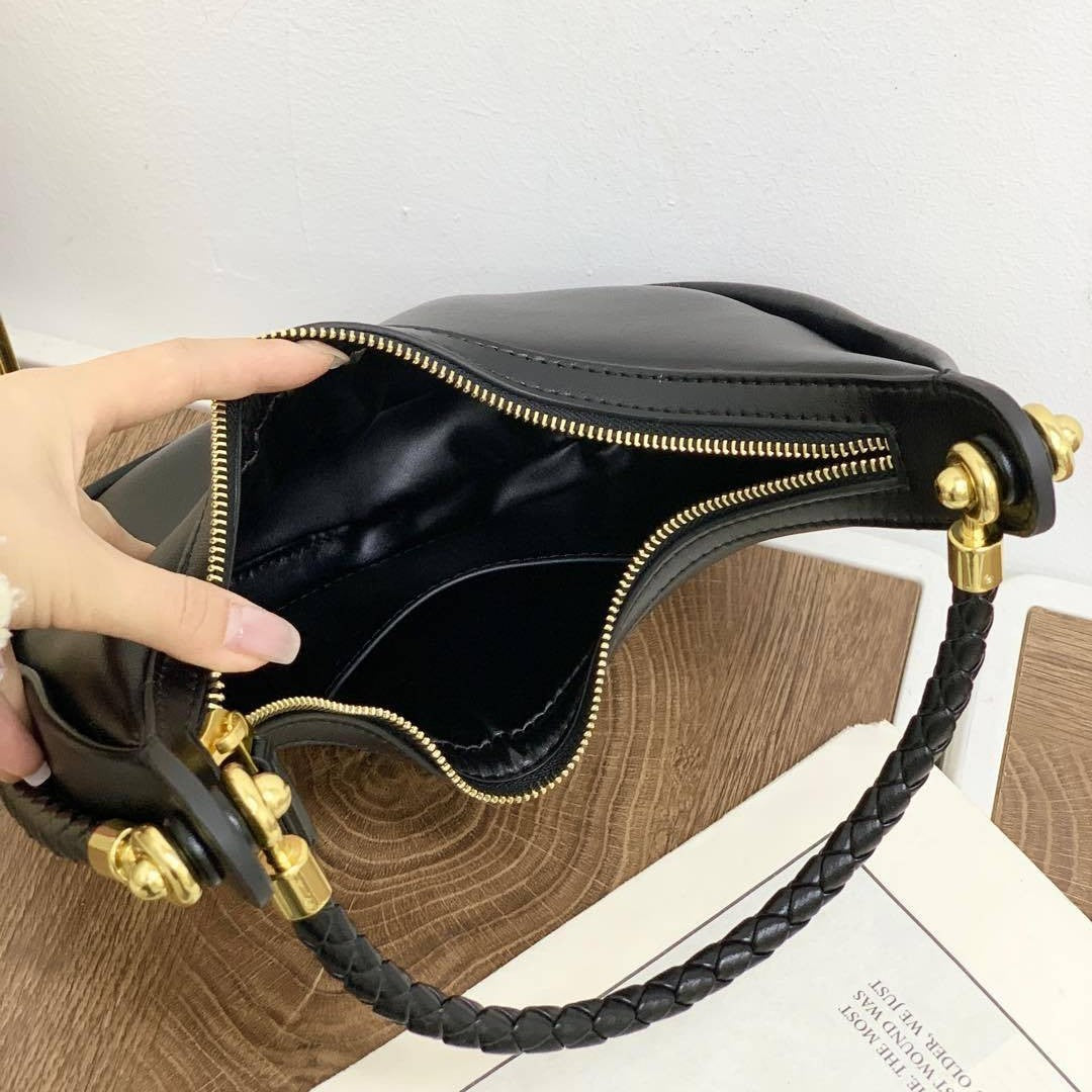 跨境爆款2025新款真皮编织手拎包时尚通勤新月包单肩斜挎半月包