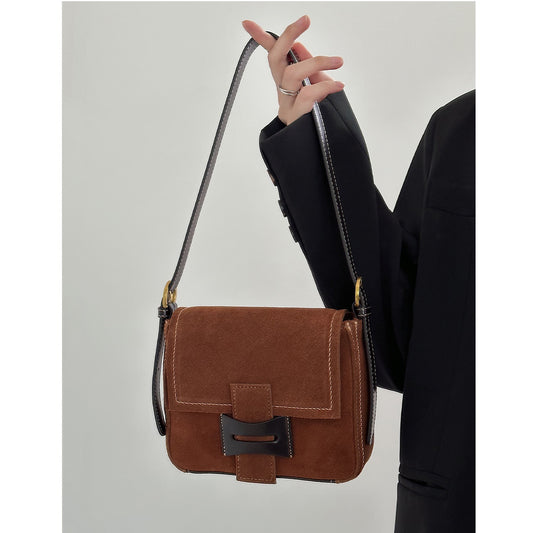 Get格纹头层马毛拼油蜡牛皮时髦又飒飒单肩女磨砂皮复古邮差包包