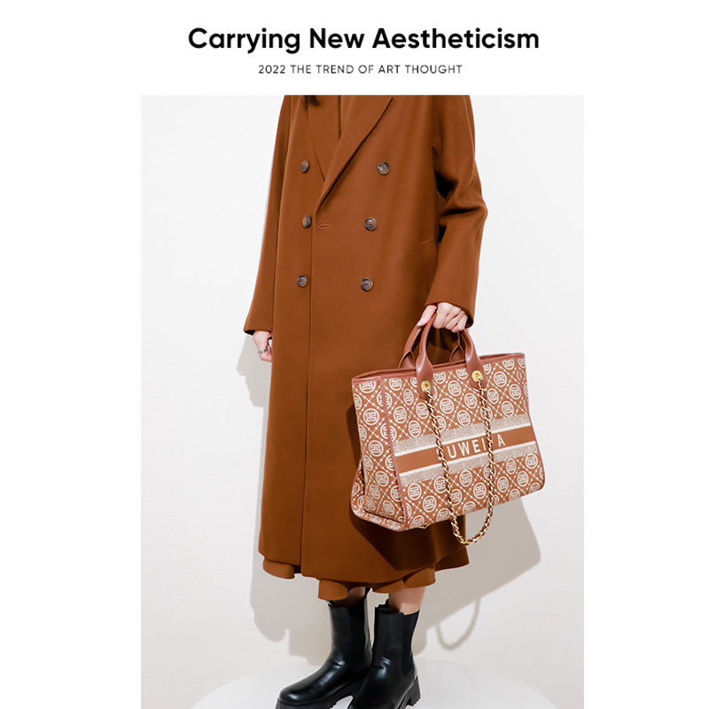 跨境女大容量手提包2023新款字母简约托特包复古棉麻休闲腋下包