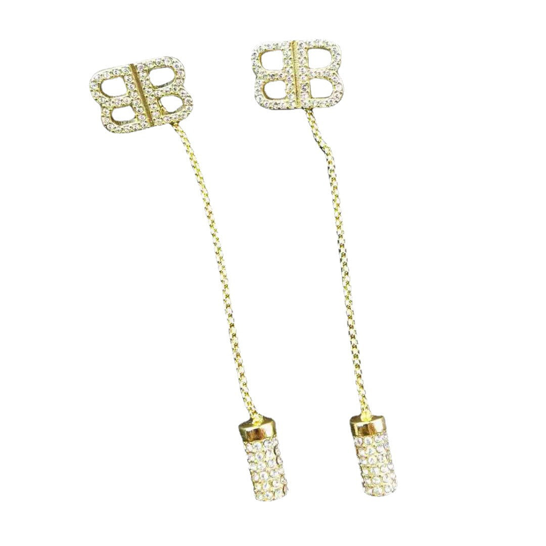 巴家新款闪钻BB字母耳环流苏长款耳坠气质耳钉耳饰女一款二戴耳线