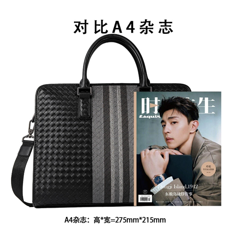 X&BV手提包男真皮商务休闲牛皮编织公文包男士包包单肩斜挎电脑包