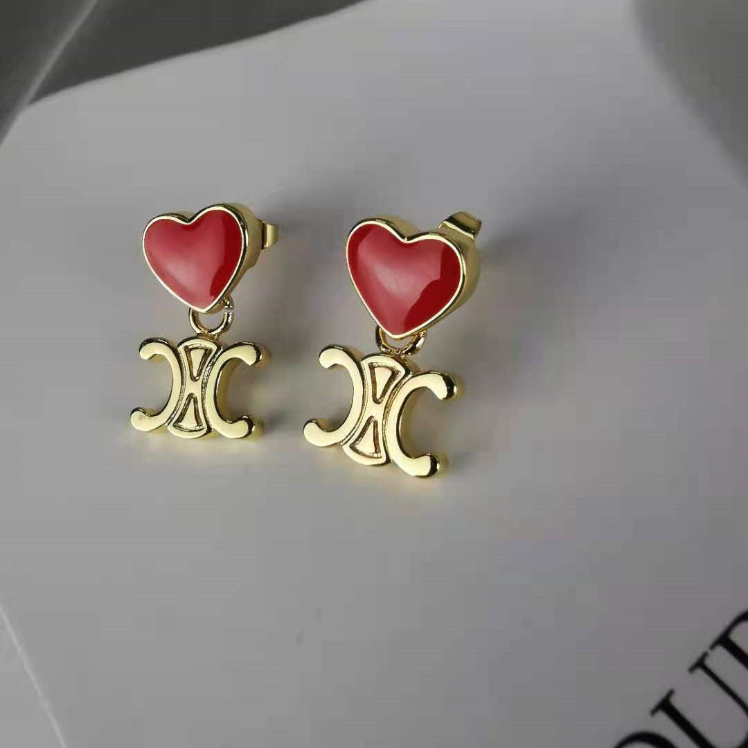 赛家新款红色心形爱心凯旋门耳钉耳环造型时尚百搭减龄时髦精耳饰