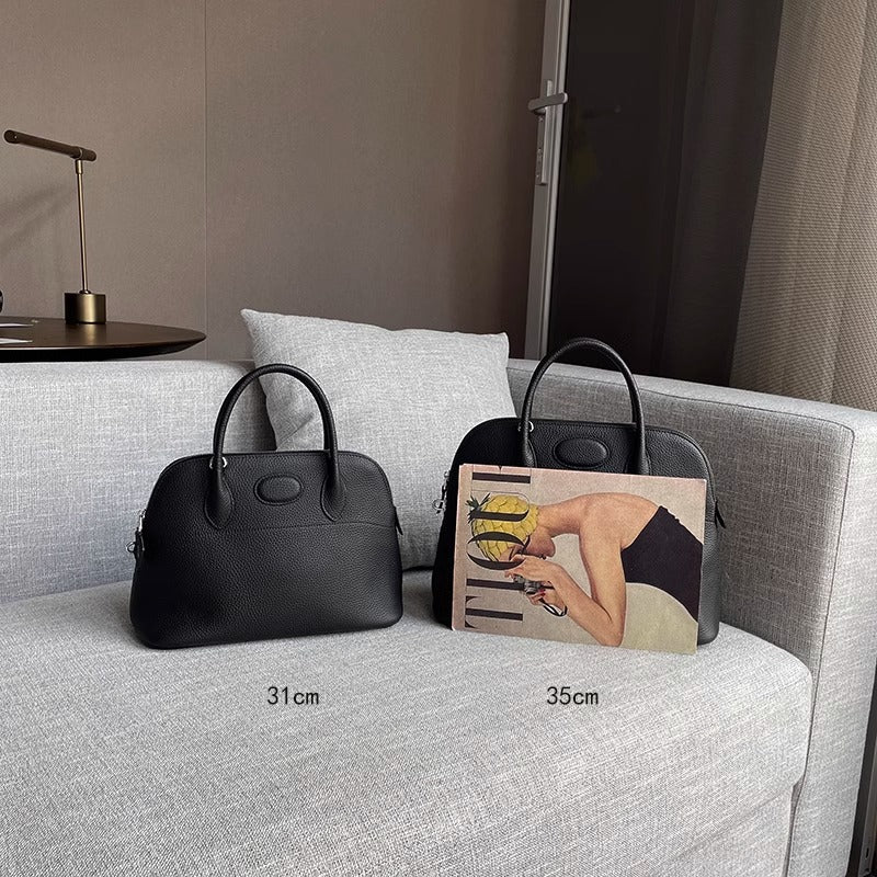 新款荔枝纹真皮贝壳包头层牛皮保龄球手提包拉链大容量通勤女包