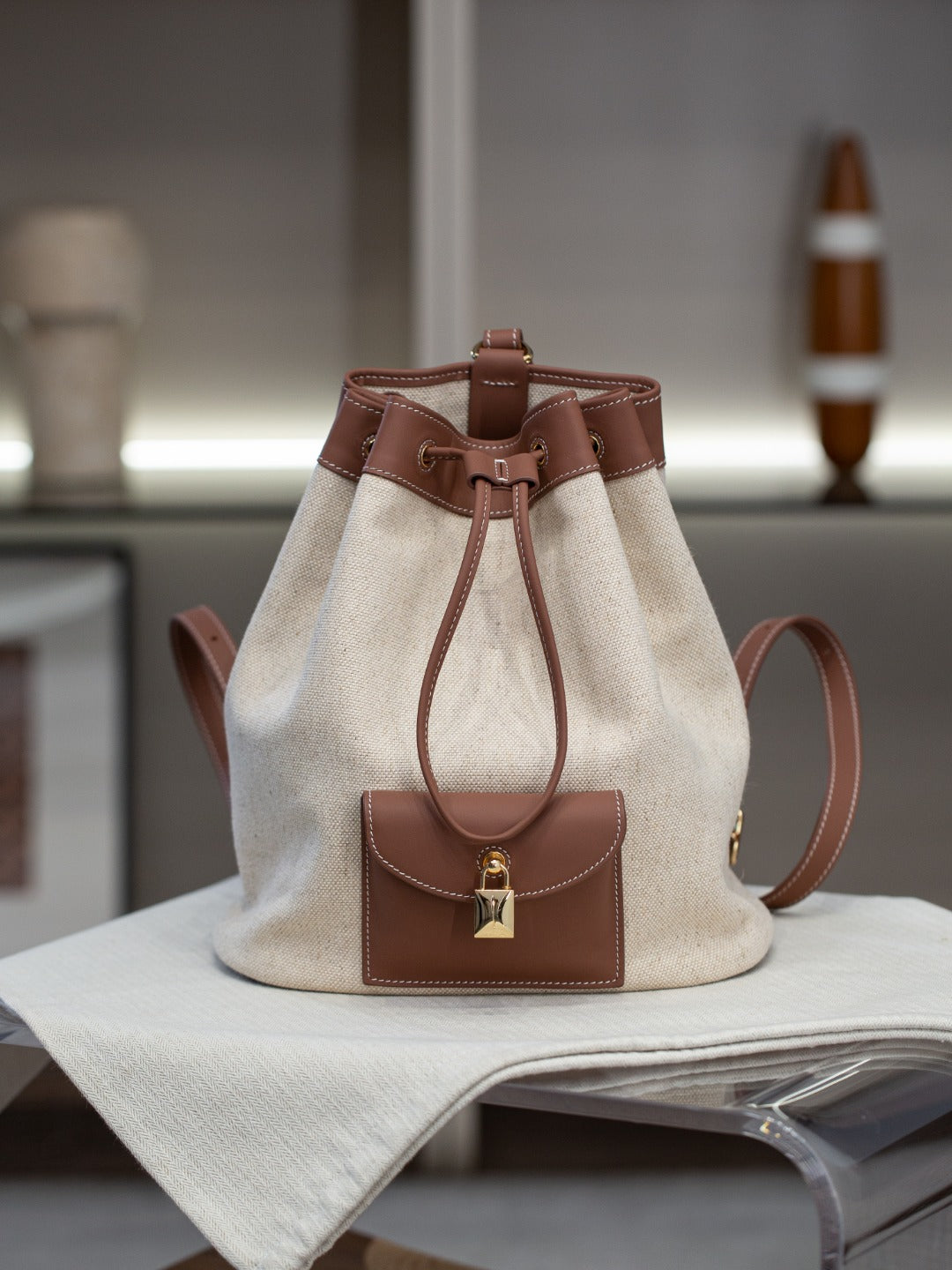 25春夏新款LP锁头抽绳双肩包extra大容量进口头层牛皮撞色单肩包