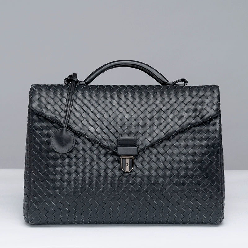 x&bv公文包男真皮商务手提包翻盖横款手拎包休闲编织男包电脑包大