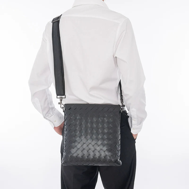 X&BV真皮男包单肩包休闲男士斜挎包包商务竖款编织时尚潮男小背包