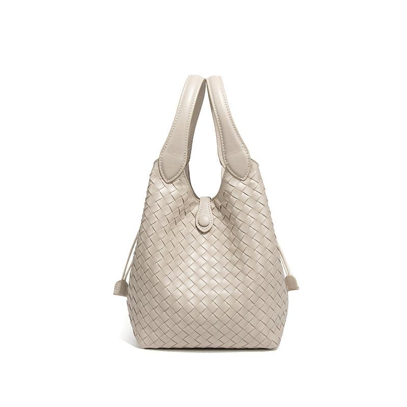 韩版纯色百搭菜篮子手提水桶包质感手工编织女包大容量单肩斜跨包