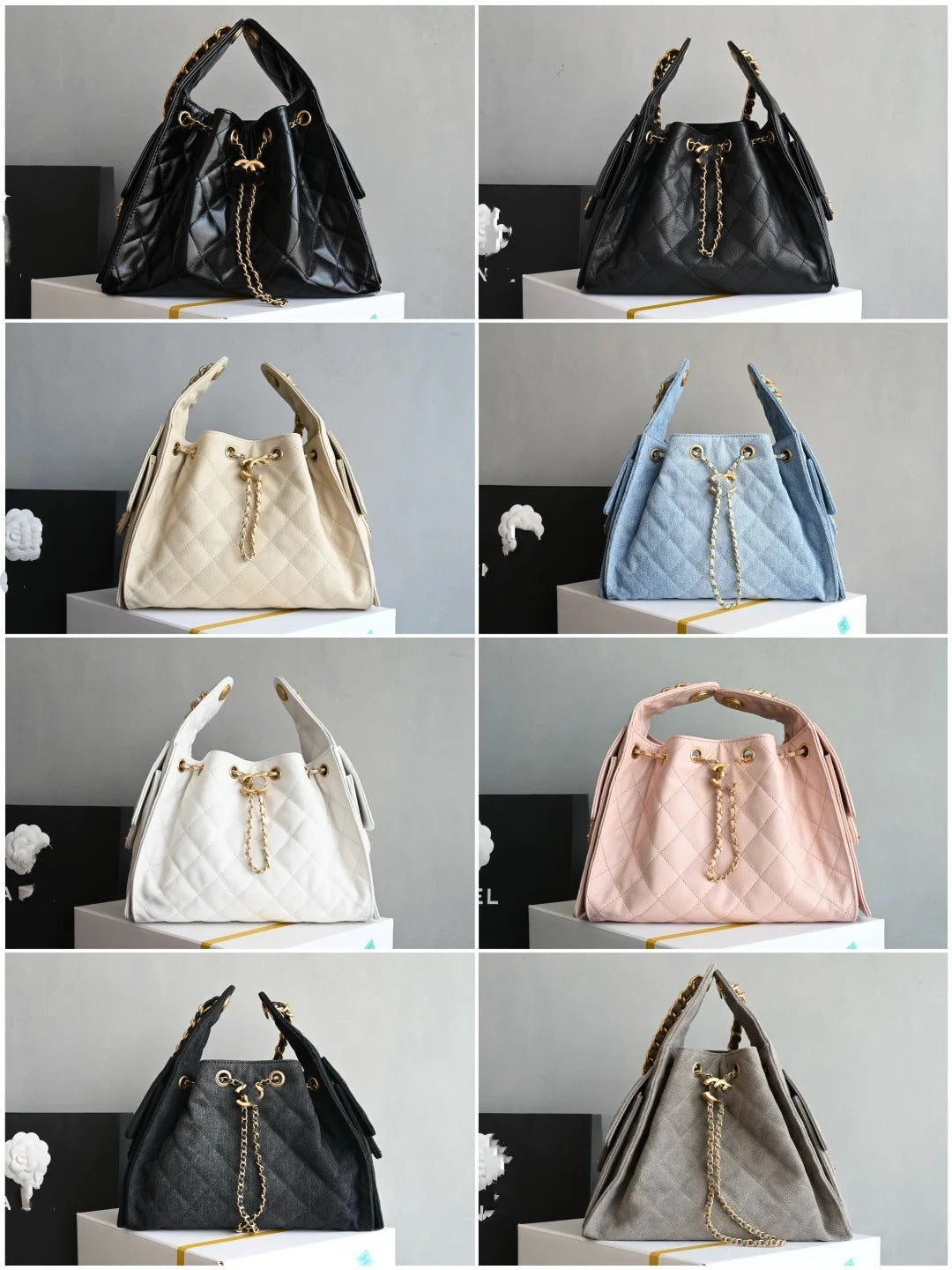 时尚简约小香25C hobo菱格抽绳水桶包复古腋下包单肩手提嬉皮女包