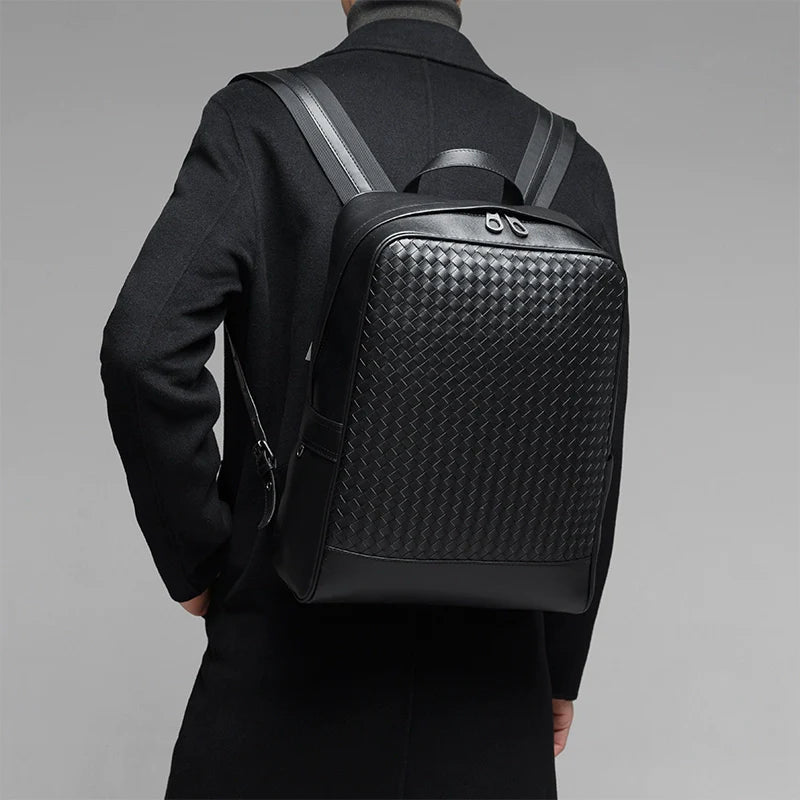 X&BV真皮双肩包男商务背包编织时尚学生书包电脑包男士出差旅行包