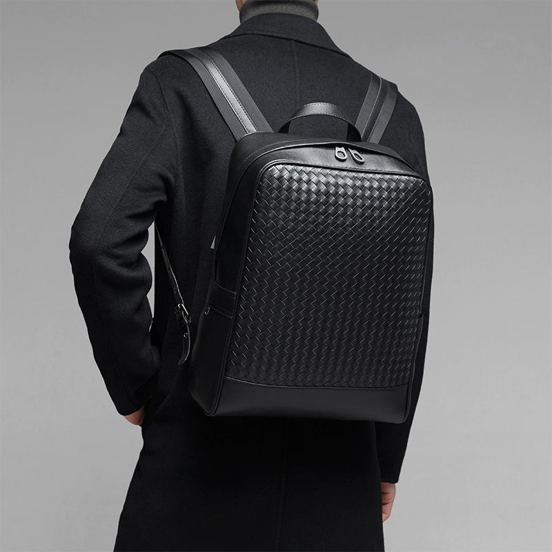 X&BV真皮双肩包男商务背包编织时尚学生书包电脑包男士出差旅行包