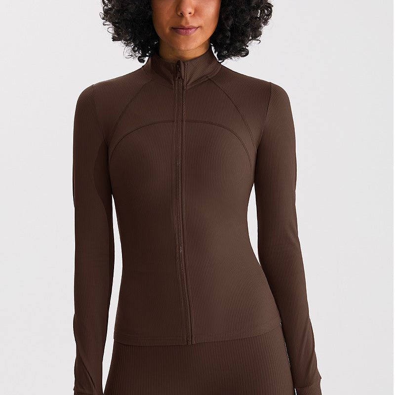 瑜伽外套女吸湿速干跑步健身服训练卫衣高弹裸感罗纹修身运动上衣