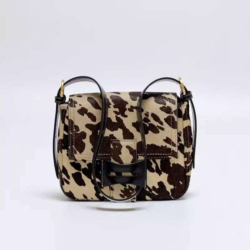 Get格纹头层马毛拼油蜡牛皮时髦又飒飒单肩女磨砂皮复古邮差包包