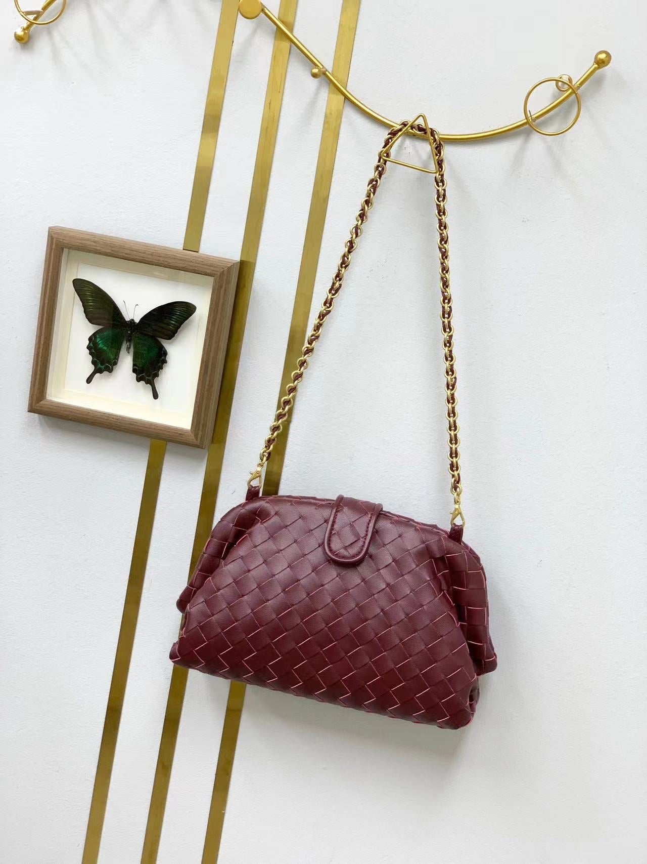 新款链条编织云朵包牛皮单肩腋下手拿包夹子包真皮女包潮流时尚单