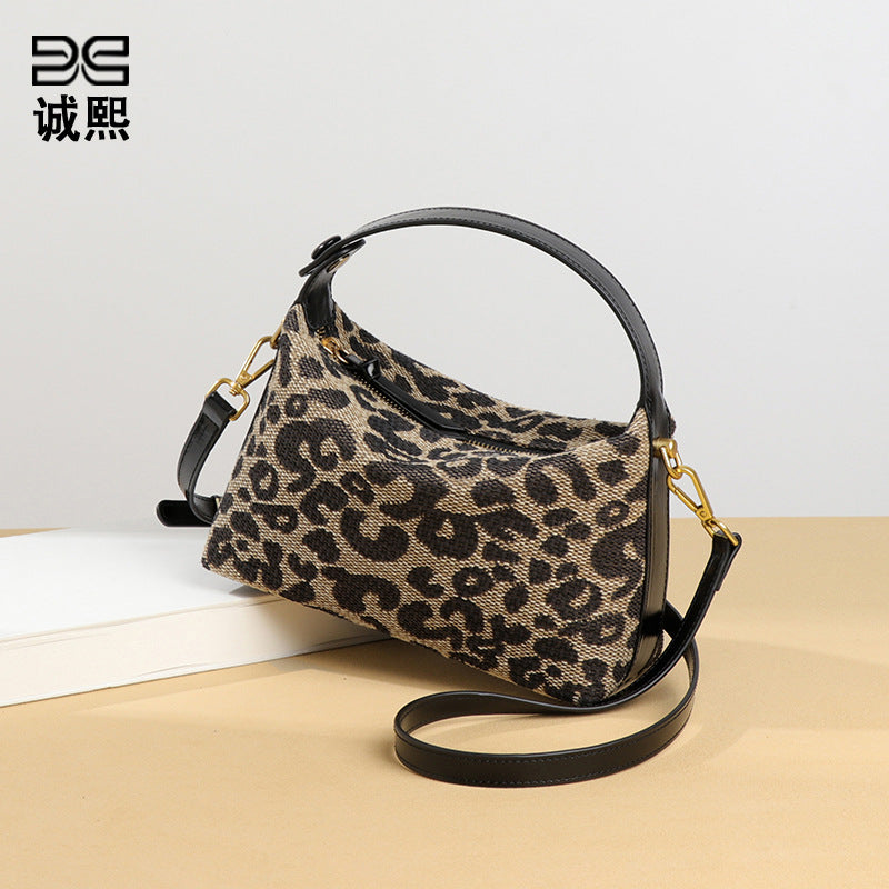 跨境豹纹秋冬新款手拎饭盒包复古大容量单肩斜挎包高级感休闲女包