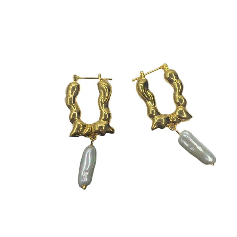 赛林22新款巴洛克几何形长条珍珠U形耳环女气质高级几何型耳扣