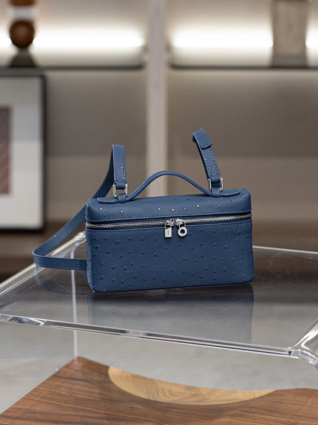 真皮lp包包 19饭盒包高级感鸵鸟纹手提盒子包百搭单肩斜挎小方包