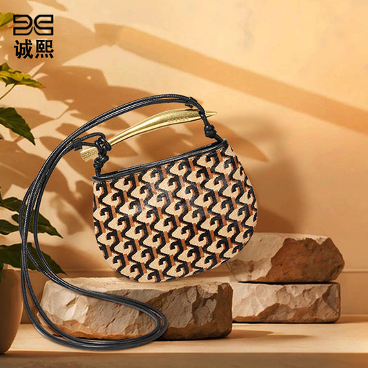 秋冬新品高级感马毛手提包包小众设计潮流豹纹沙丁鱼单肩斜挎女包