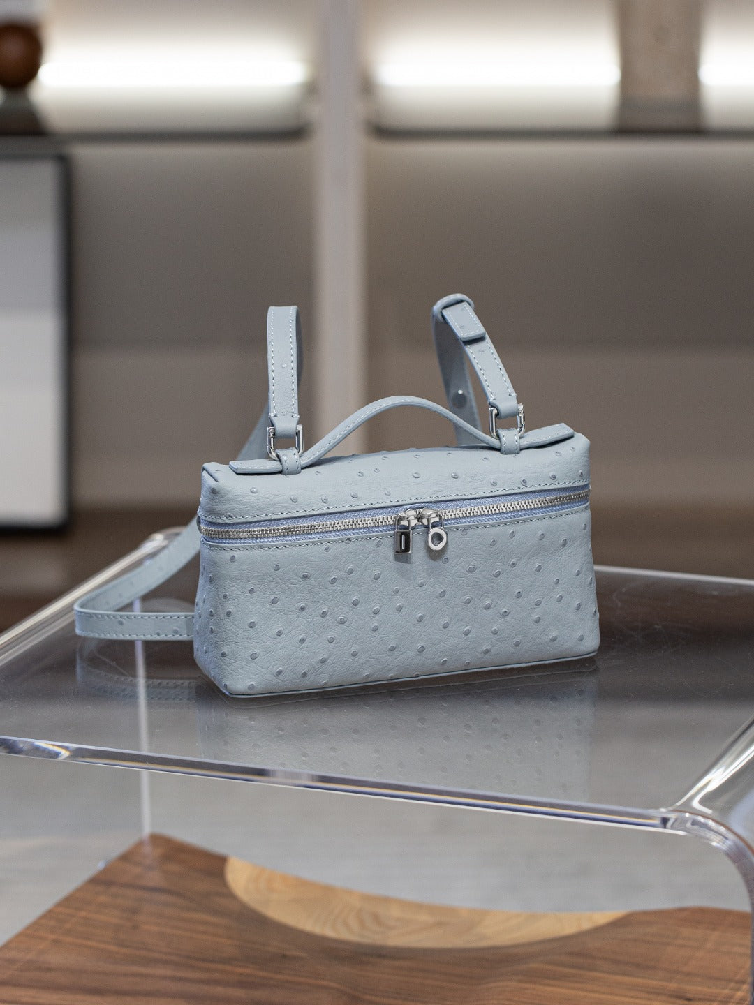 真皮lp包包 19饭盒包高级感鸵鸟纹手提盒子包百搭单肩斜挎小方包