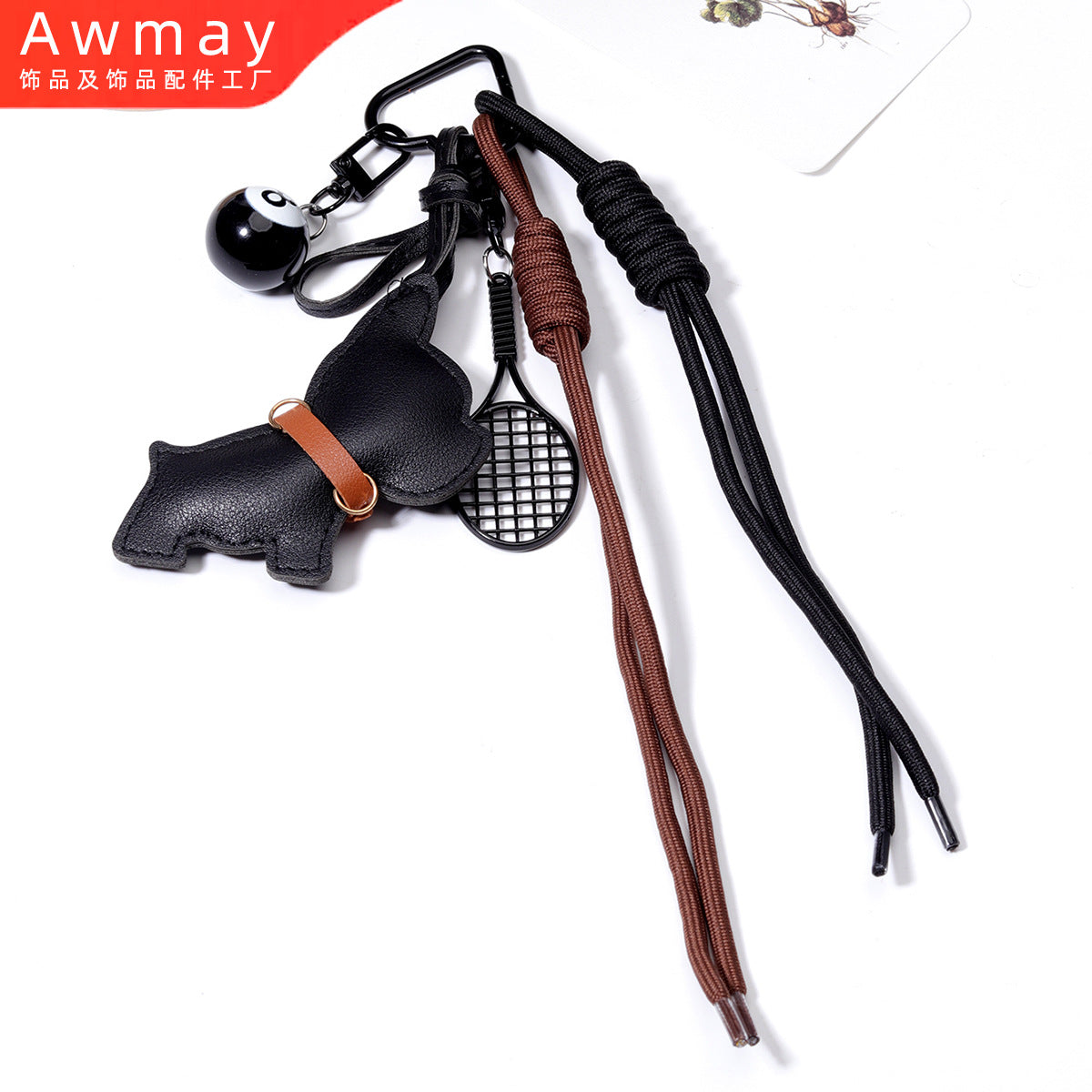 网红个性黑8钥匙流苏黑狗百搭挂饰钥匙扣编织绳包挂件礼品批发