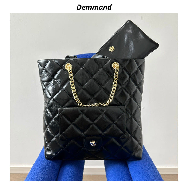 2023新款中古款小香风大容量竖款托特购物袋真皮单肩包包女