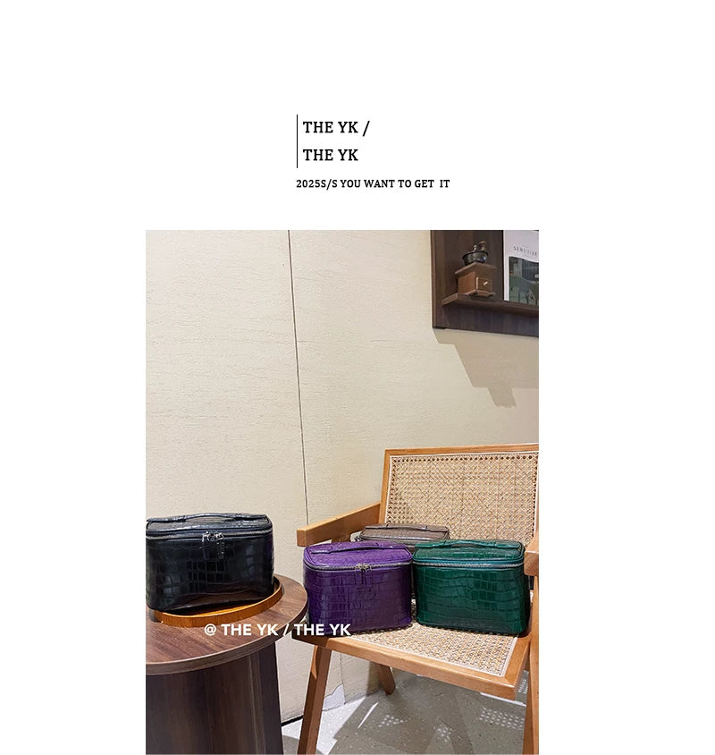 真皮饭盒包鳄鱼纹洗漱包大容量高级感护肤品收纳包出差旅行化妆包