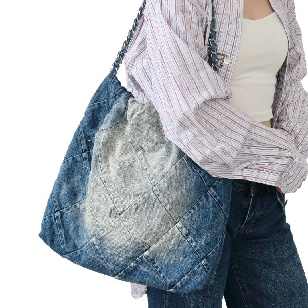 2025中古丹宁牛仔垃圾袋vintage单肩包22bag复古包大容量休闲包女