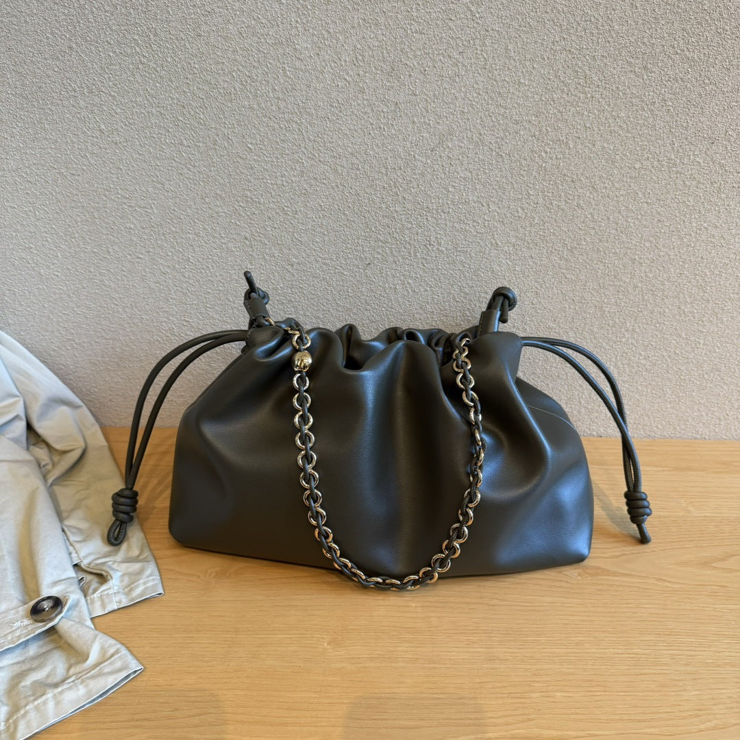 真皮云朵包2024新款时尚单肩包链条牛皮抽带包包斜挎包软皮手拿包