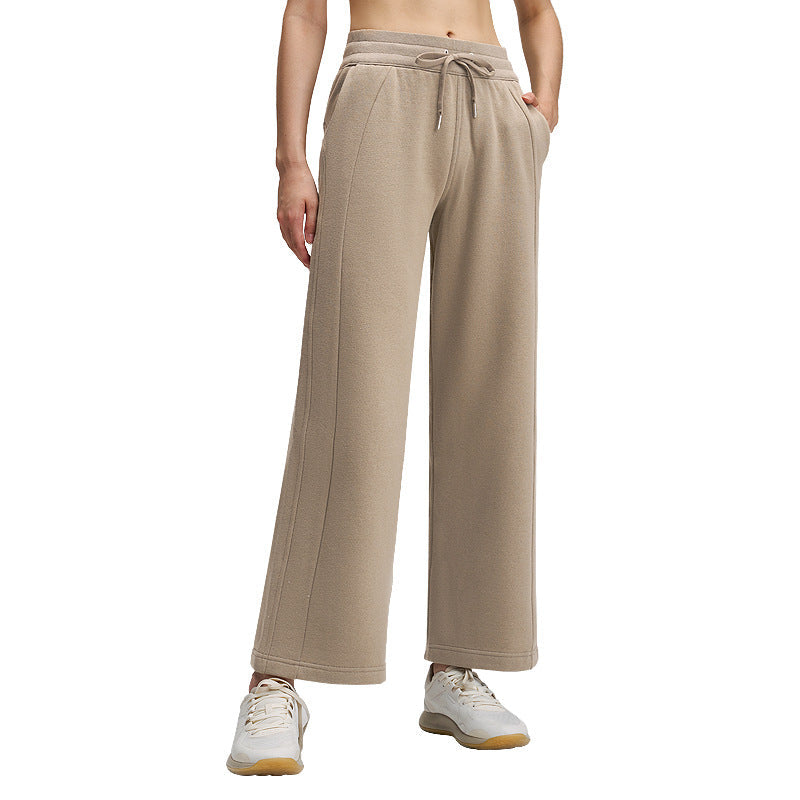 秋冬加绒阔腿长裤直筒瑜伽裤抽绳垂感中腰运动裤宽松休闲卫裤29"