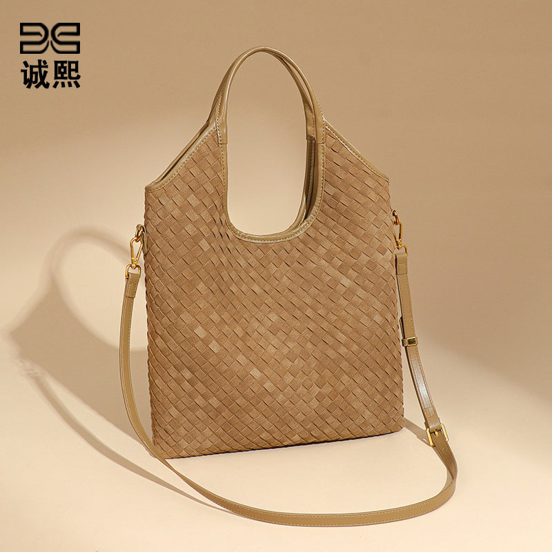 韩版时尚磨砂手提水桶包通勤大容量单肩腋下包新品麂皮绒托特女包