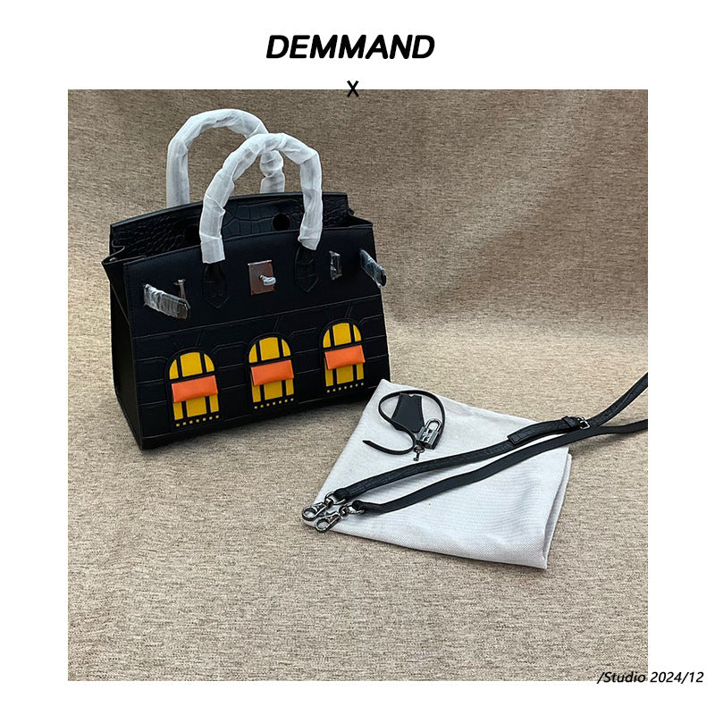 2024真皮手掌纹拼鳄鱼纹牛皮小房子包铂金包时尚拼色手提斜跨女包