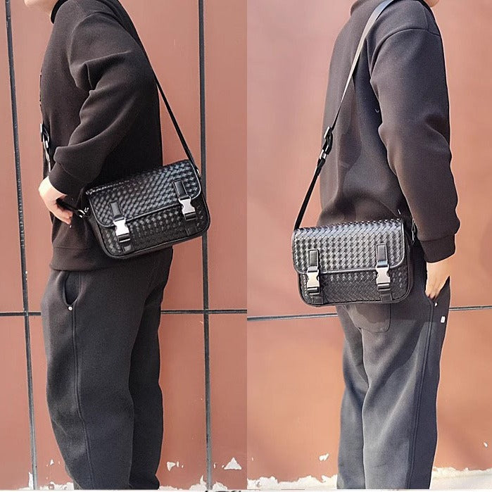 直播代发男士真皮编织邮差包纯牛皮休闲骑行时尚女男生单肩斜挎包