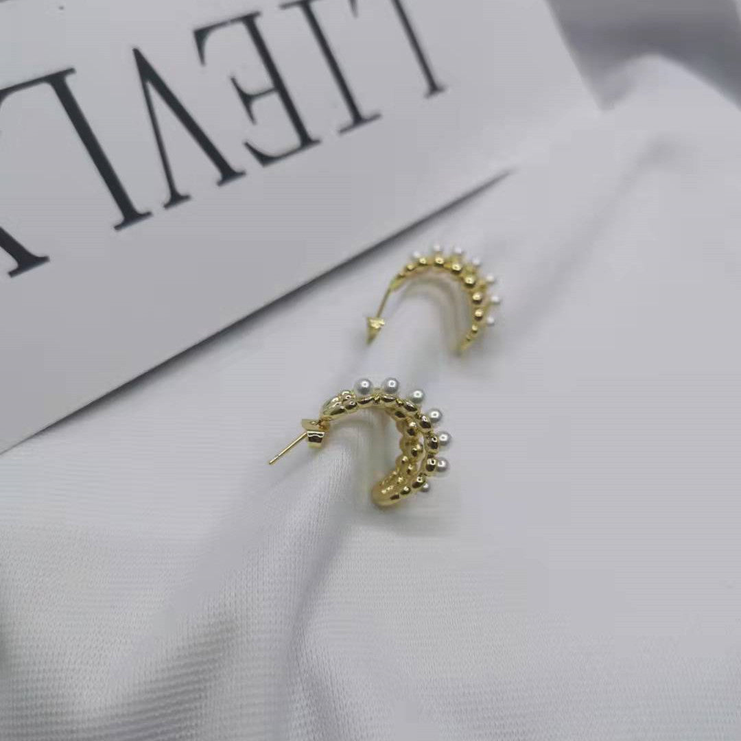 赛家21新款珍珠C形几何形耳钉女高级感气质设计感甜美三层耳环