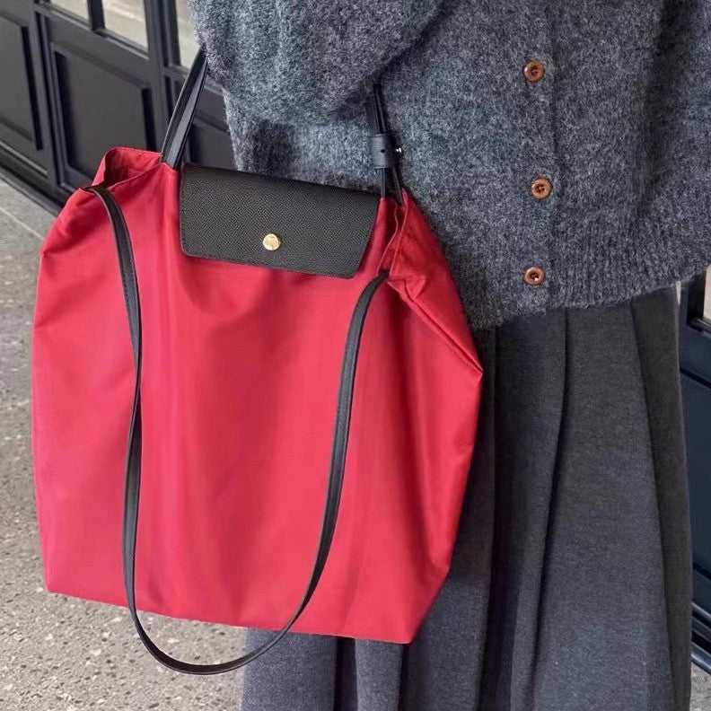 韩版简约大容量尼龙配真皮托特包手提包高级洋气百搭单肩斜跨包女