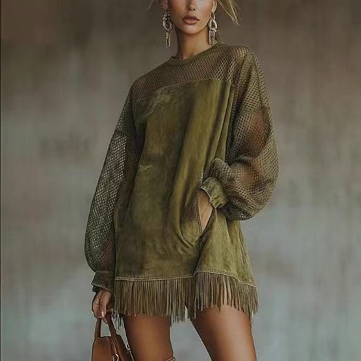 亚马逊独立站2025跨境新款欧美圆领网状袖长袖流苏连衣裙女