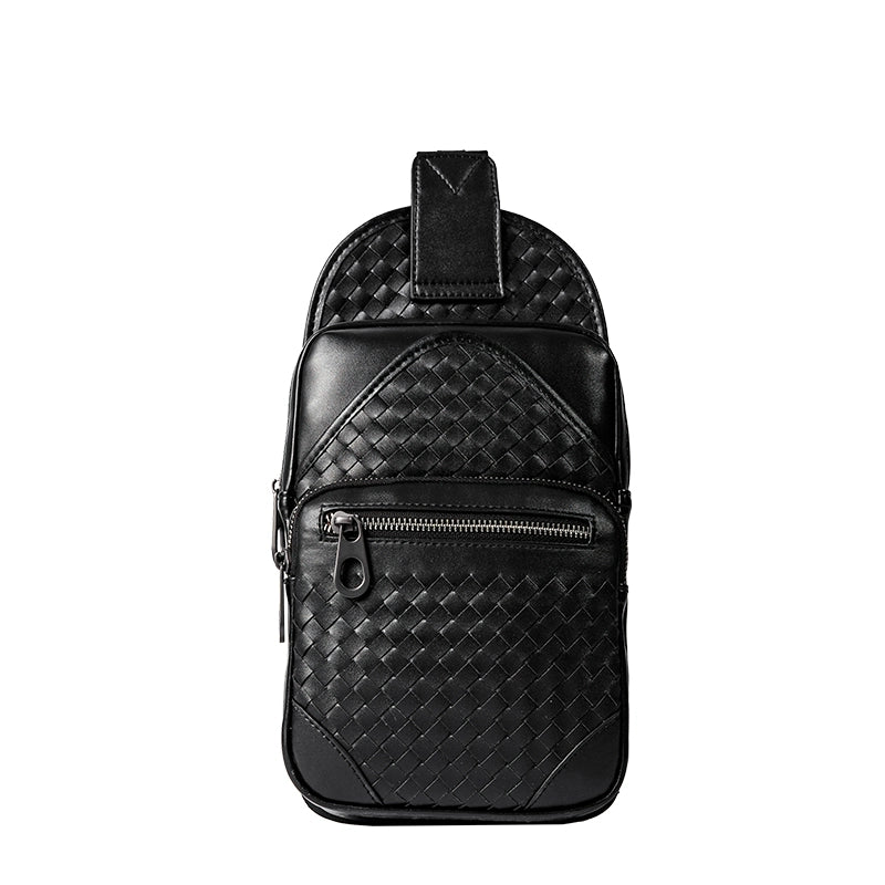 X&BV胸包男真皮大容量男士单肩斜挎包牛皮休闲编织男包胸前包背包